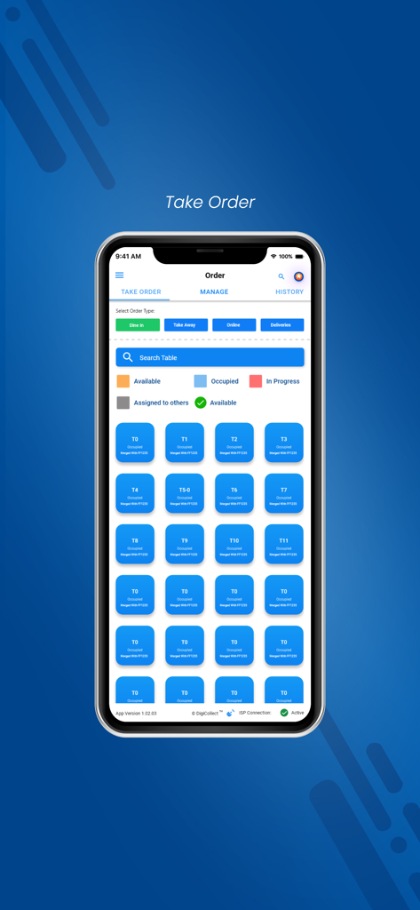 DigiPOS - Oberfläche der DigiPOS-App, die ein Raster von Restauranttischen mit ihrem Belegungsstatus zur Bestellaufnahme anzeigt.