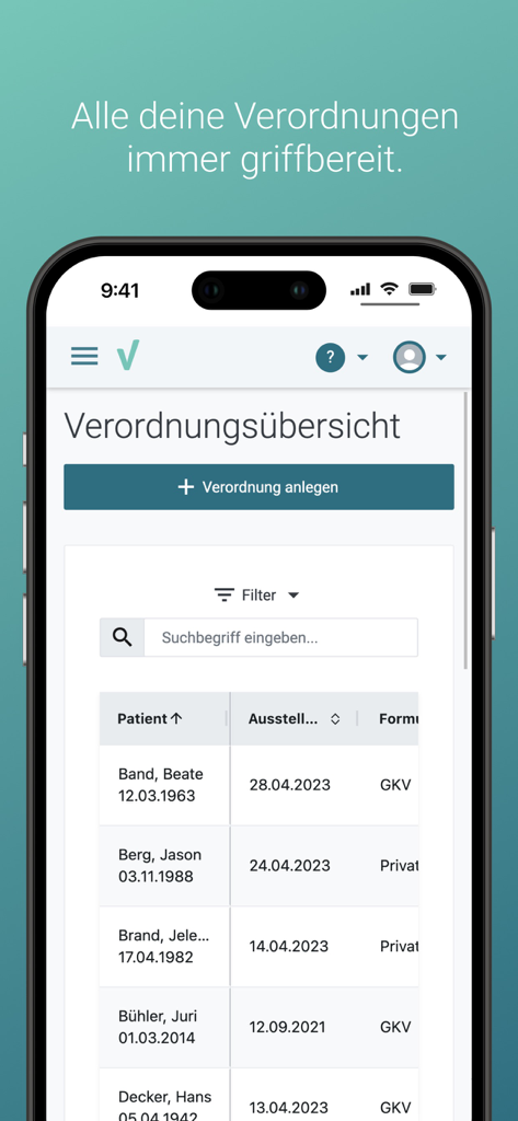 thevea - Eine mobile Benutzeroberfläche der thevea App, die eine Liste von Patientenrezepten mit Namen, Daten und Versicherungsdetails anzeigt.