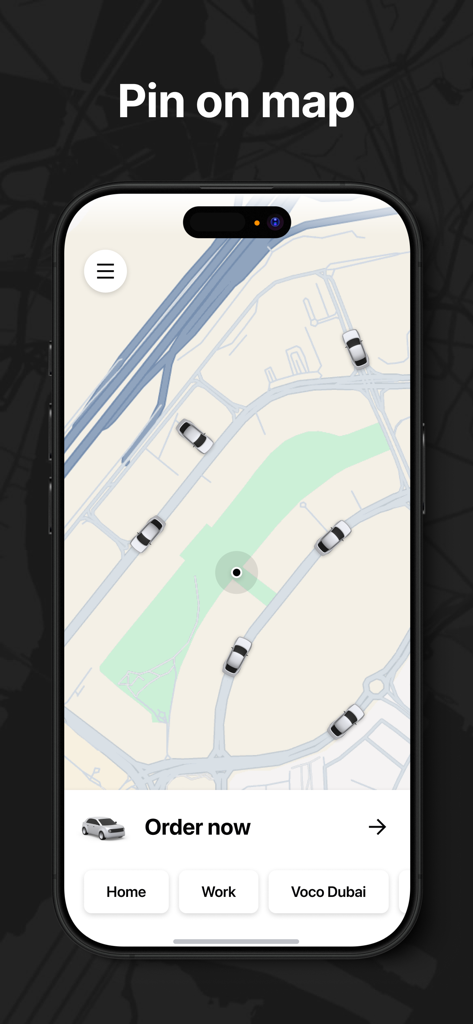 TaxiF mobile app map interface showing nearby taxi drivers and a location pin