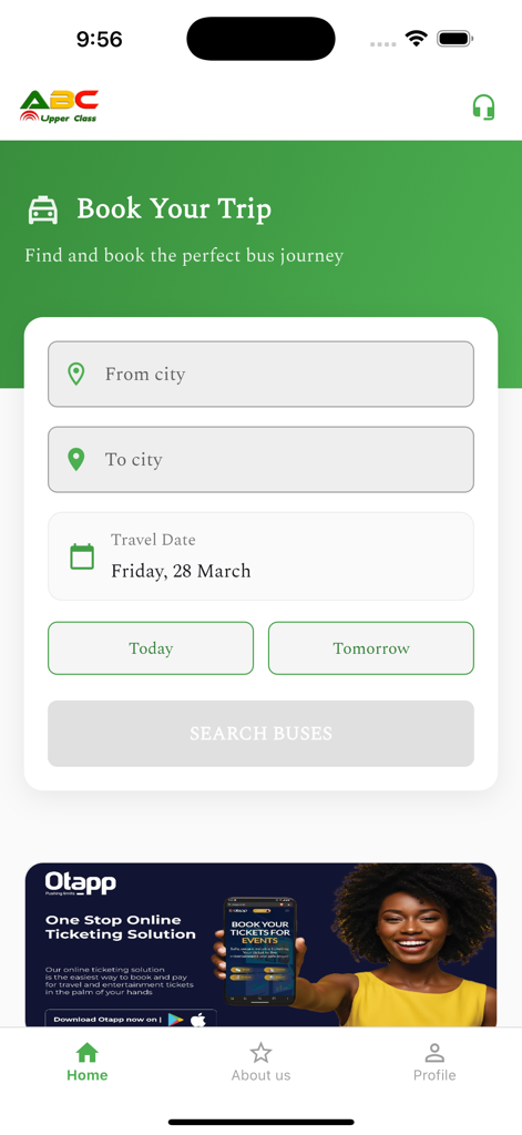 Abc Upper Class Bus - Search screen for booking bus tickets on the Abc Upper Class Bus app