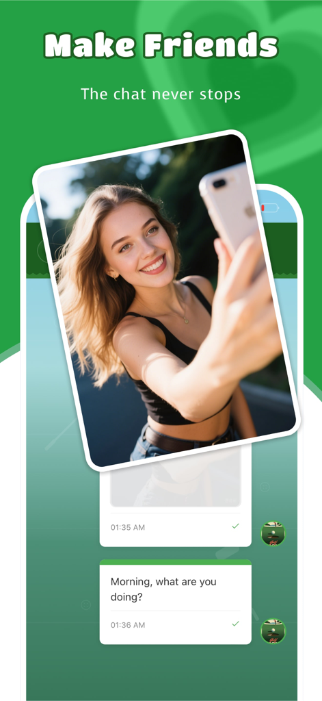 Social-Chat-Oberfläche in der Huro- und Forge-App mit einem Selfie des Benutzers und einem Nachrichtenfenster unter der Überschrift Freunde finden.