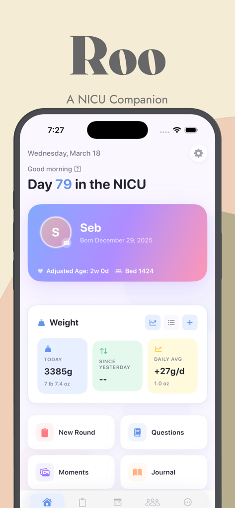 Roo: A NICU Companion App - Panel de la aplicación complementaria Roo UCIN que muestra el seguimiento del peso del bebé y el progreso diario