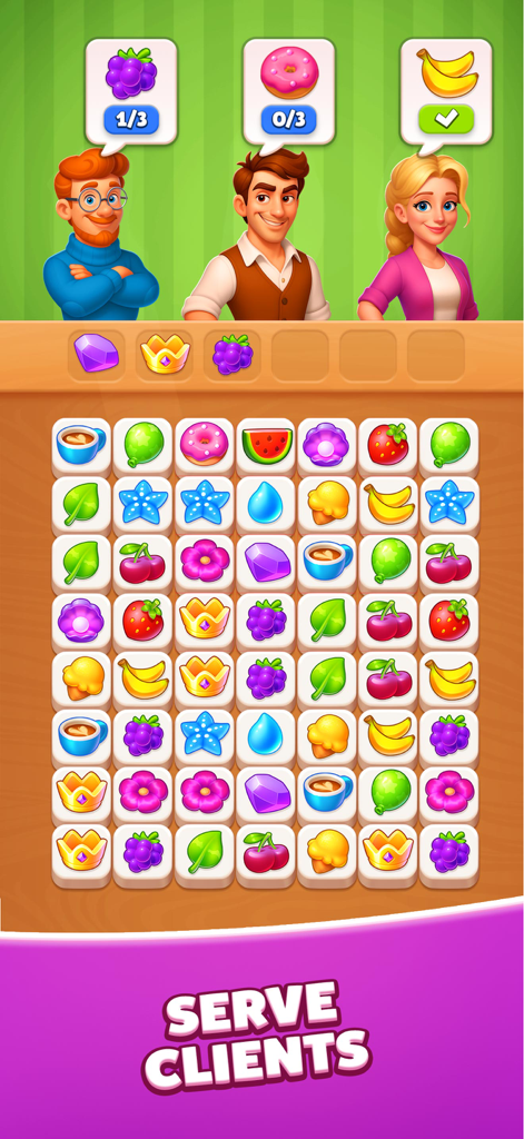 Tiles of Hope - Matching Games - A triple match tile puzzle game screen showing characters requesting food items to serve clients.