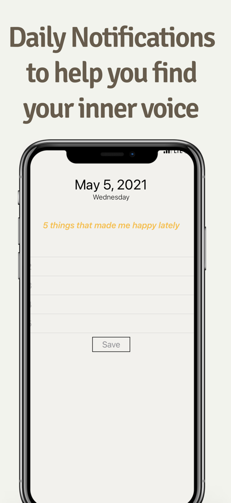 Life in Five: 5 min Journal - Pantalla de smartphone que muestra una pista de diario diaria sobre cinco cosas que me hicieron feliz