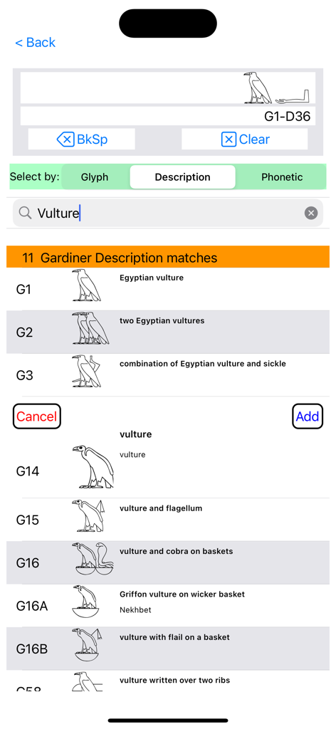 Hieroglyph Pro - Hieroglyph Pro app search results for vulture hieroglyphs and Gardiner codes.
