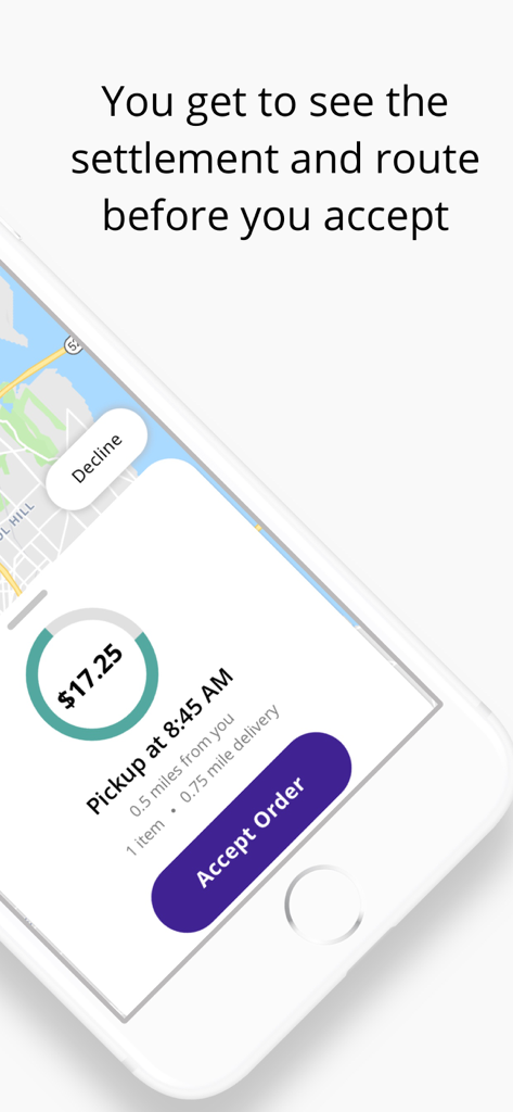 ROVA Courier - ROVA Courier app interface showing an order settlement of 17.25 dollars and delivery route details before acceptance.