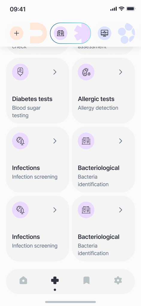 iMed: Healthcare at Home - Mobile app interface for iMed showing a list of at-home lab tests including diabetes blood sugar testing and allergy detection.