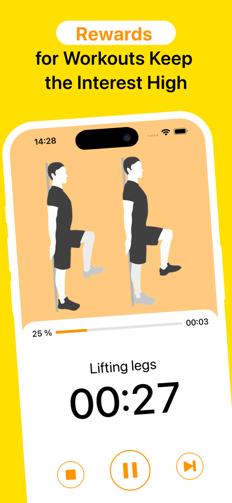 Interface of the Posture app showing a lifting legs exercise with a countdown timer