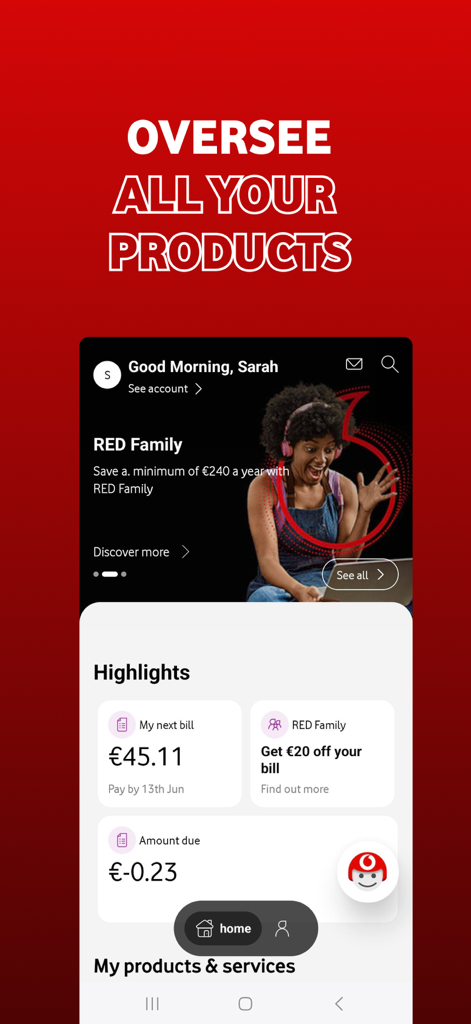 Dashboard of the My Vodafone Ireland app showing account highlights and billing information