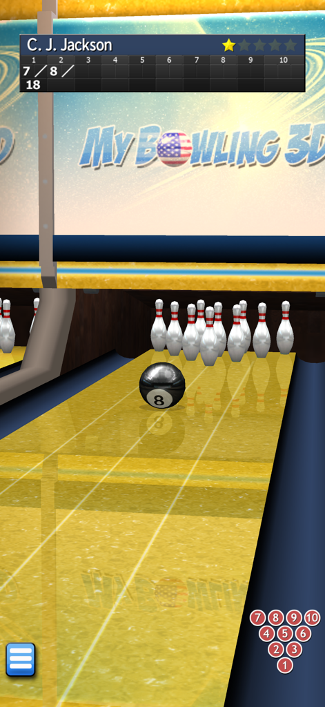 My Bowling 3D - A realistic 3D bowling simulation showing a black ball rolling down a golden lane toward the pins.
