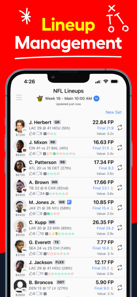 LineStar app interface showing an NFL DFS lineup with player stats and fantasy points