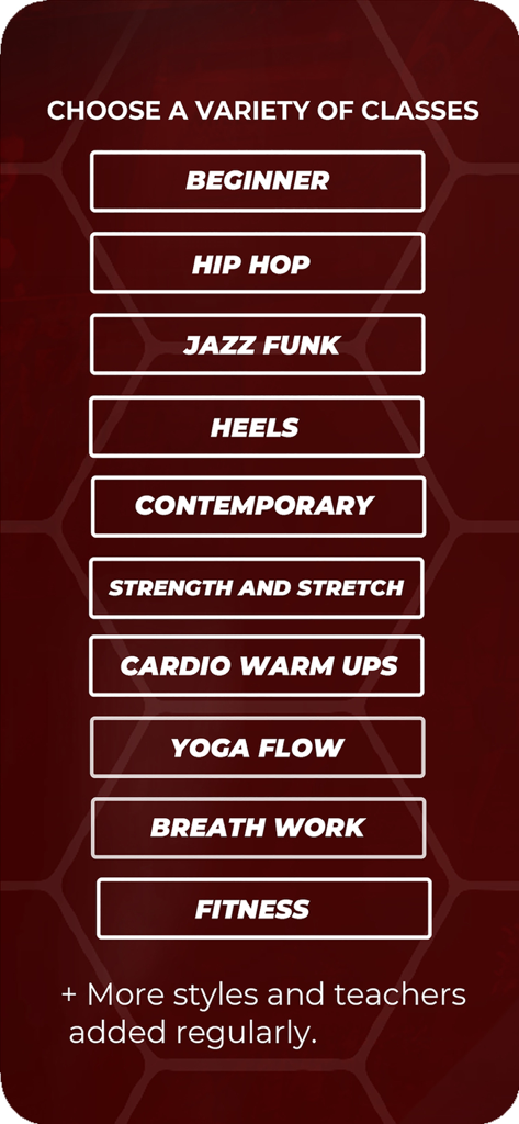 A menu listing various dance class styles including Hip Hop Jazz Funk and Heels in the REDWALL Tutorials app