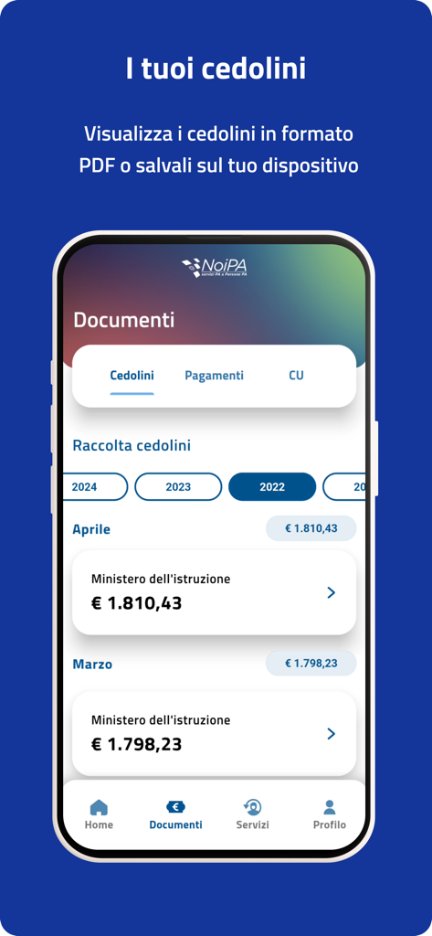 Interface of the NoiPA MEF app showing a list of digital payslips and tax documents