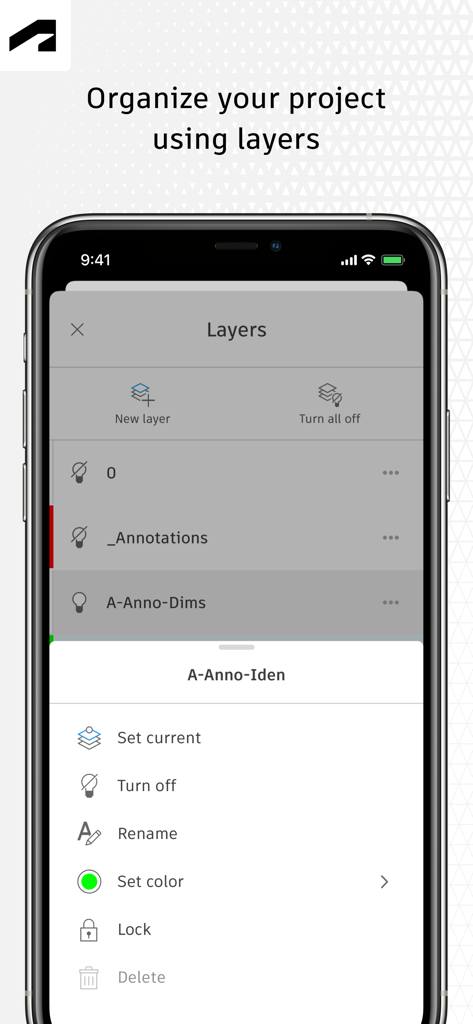 Interface do aplicativo móvel AutoCAD mostrando organização e ferramentas de gerenciamento de camadas de projeto