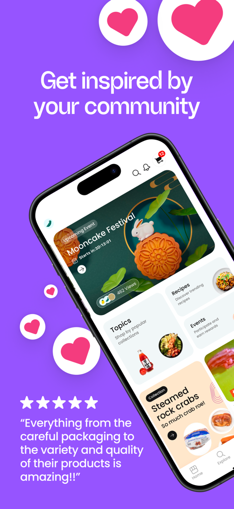 Weee! #1 Asian Grocery App - Schermata dello smartphone che mostra le ricette della community dell'app Weee! ed eventi culinari stagionali