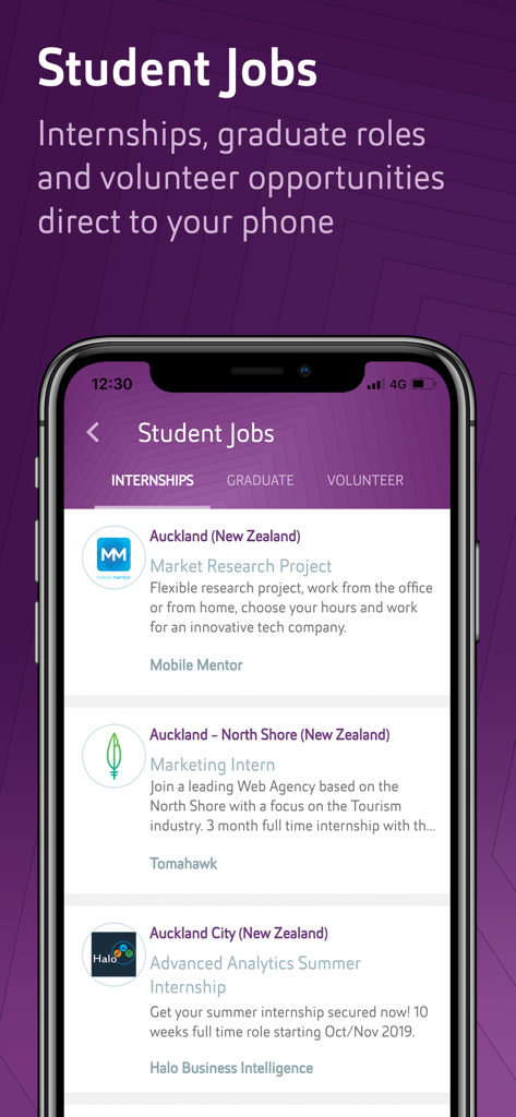 AUT - A screenshot of the AUT mobile app displaying student job listings and internship opportunities in Auckland New Zealand.
