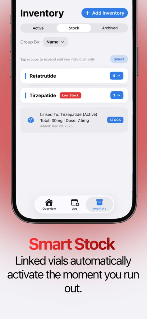 Tela de estoque do aplicativo ShotTrackr mostrando o rastreamento de frascos de peptídeos e níveis de estoque inteligentes