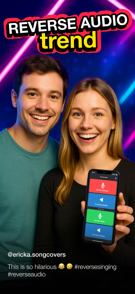 Reverse Audio ™ - Ein lächelndes Paar hält ein Smartphone mit der Benutzeroberfläche der Reverse Audio App für eine Social-Media-Challenge.