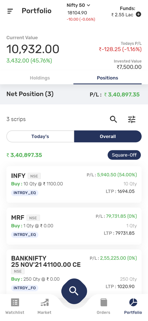 Jainam Pro 2.0 - Jainam Pro 2.0 app dashboard showing investment portfolio and net positions in the Indian stock market