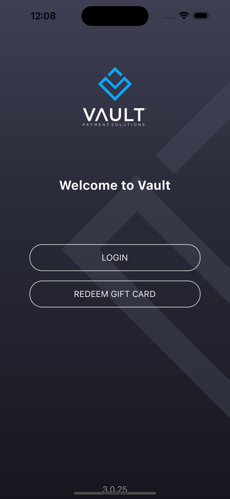 Begrüßungsbildschirm der Vault Payments App mit Anmelde- und Gutscheineinlösungs-Buttons