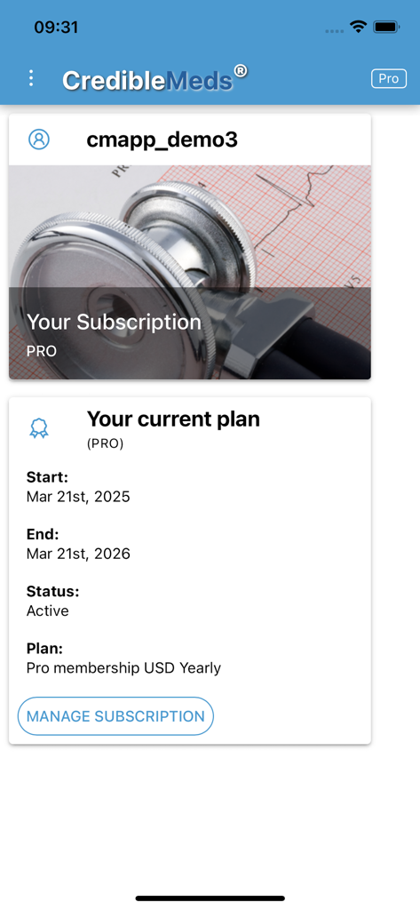 CredibleMeds mobile app screen displaying the active Pro subscription plan and membership details