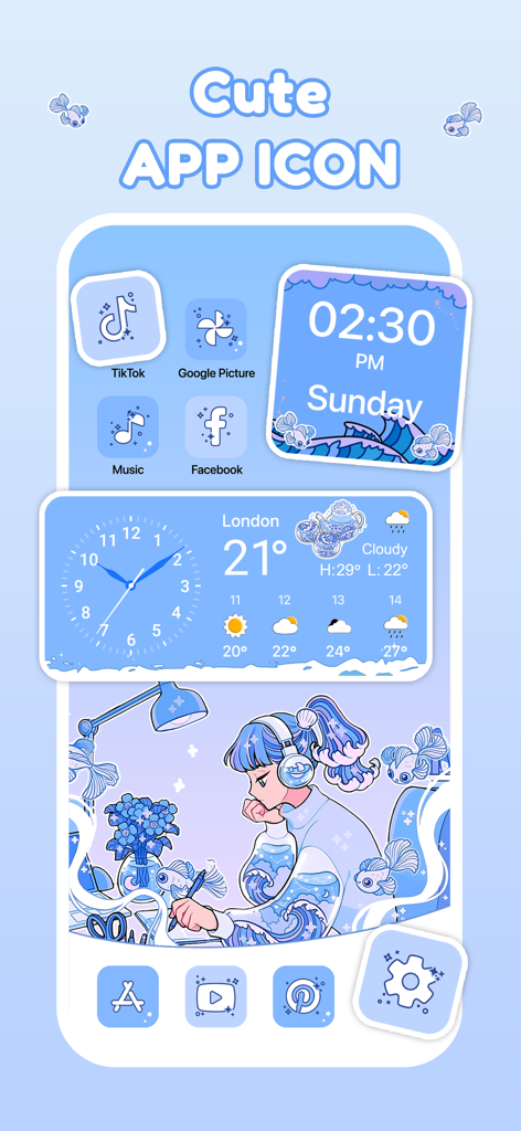 Tema de telefone estético azul personalizado com arte de anime, widgets de clima e ícones de aplicativos fofos