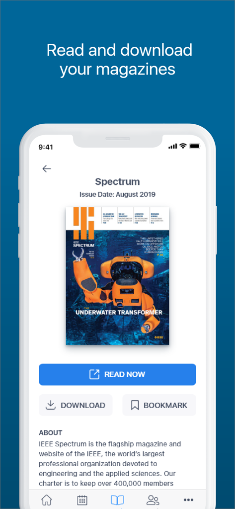 IEEE - Oberfläche der IEEE-Mobil-App, die das IEEE Spectrum Magazine mit Optionen zum Lesen, Herunterladen und Lesezeichen versehen anzeigt.