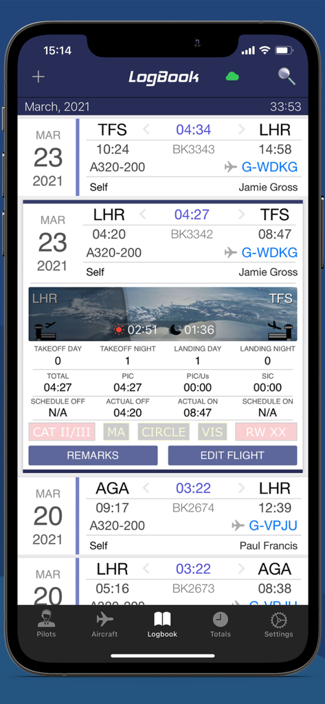 Swift Pilot Logbook mobile app interface displaying a list of detailed flight log entries