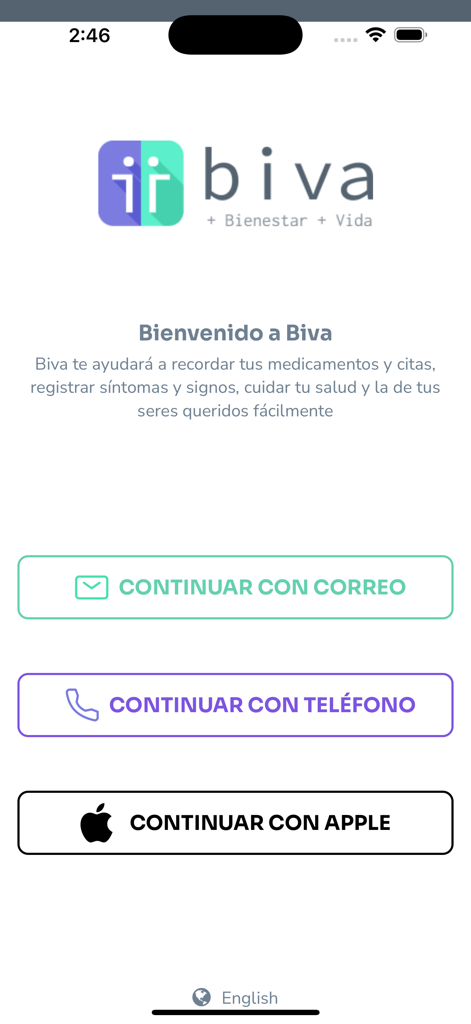 Biva Recordatorio Medicamentos - Pantalla de bienvenida de la aplicación Biva Medication Reminder mostrando opciones de inicio de sesión en español