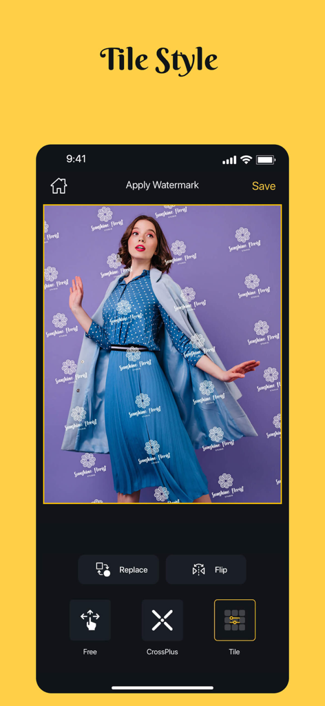 User interface of the Add Watermark app showing a repeated tile logo pattern on a photo