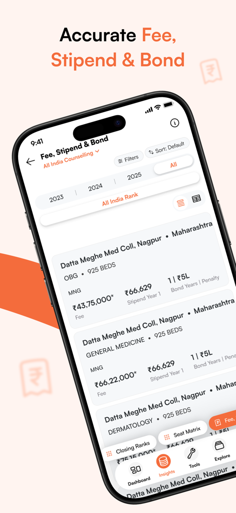 ZyNerd app interface showing detailed medical college fees, stipends, and bond information for NEET counseling.