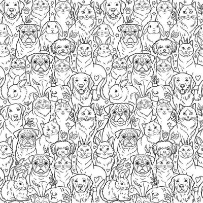 Discover a delightful world of domestic animals with this intricate line art coloring page. Featuring a continuous pattern of dogs, cats, and rabbits, it offers endless creative possibilities for pet lovers.