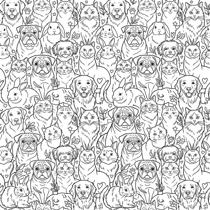 Discover a delightful world of domestic animals with this intricate line art coloring page. Featuring a continuous pattern of dogs, cats, and rabbits, it offers endless creative possibilities for pet lovers.