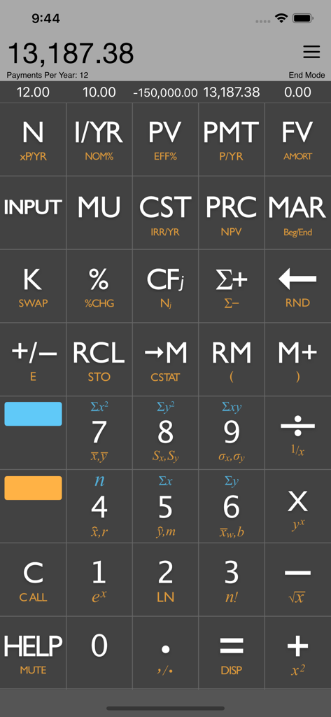 10bii Financial Calculator mobile app interface resembling the HP 10bII hardware keypad
