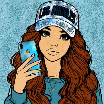 realistic beautiful girl wearing los ángeles cap holding an iphone