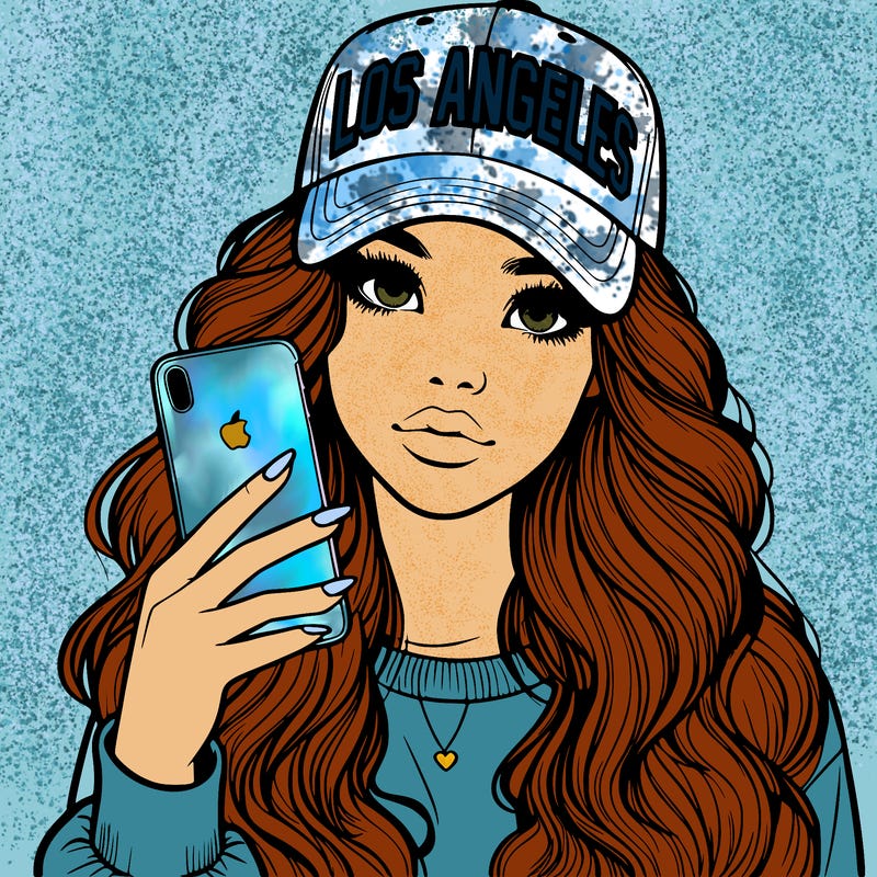 realistic beautiful girl wearing los ángeles cap holding an iphone