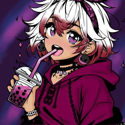 hot baddie anime girl drinking boba and biting the straw