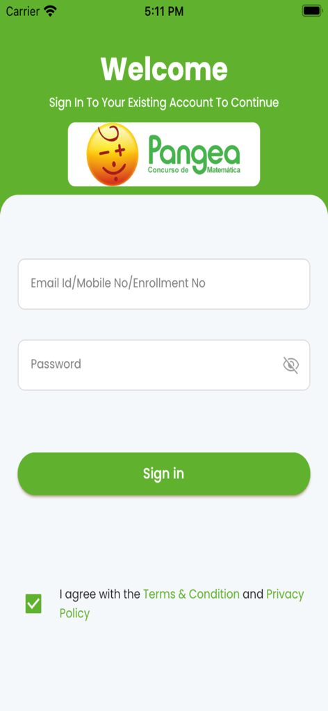 Pantalla de inicio de sesión de la aplicación Concurso de Matemáticas Pangea con campos para correo electrónico y contraseña.
