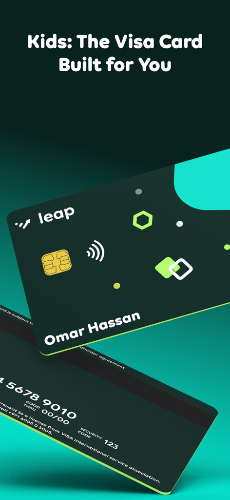 Leap - Youth Financial App - Leap app Visa card for kids and teens featuring a personalized debit card for youth financial education