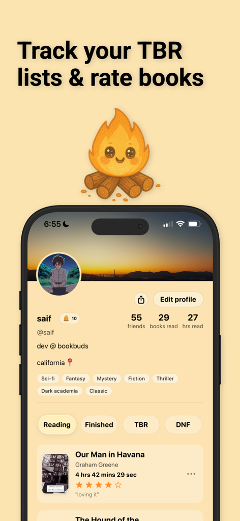A screenshot of the BookBuds app user profile showing reading statistics genre tags and a tracked list of books
