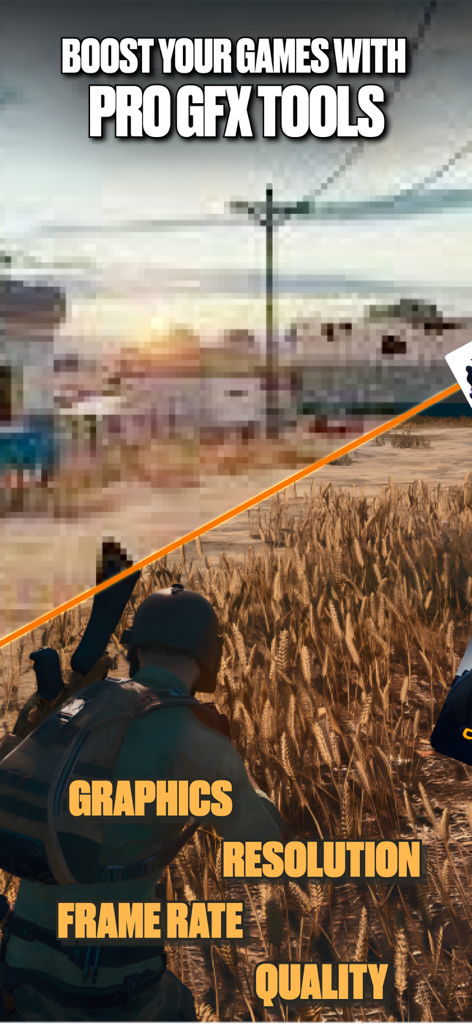 Comparación lado a lado de calidad gráfica baja y alta en un juego de batalla real móvil con texto resaltando mejoras en resolución y tasa de fotogramas.