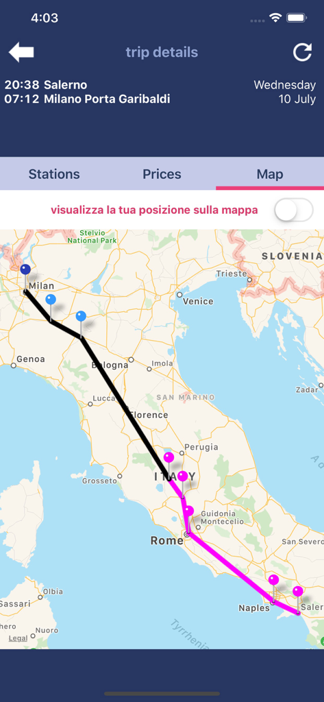 Trenìt! - find Trains in Italy - Map view showing the train route from Salerno to Milan in the Trenit app