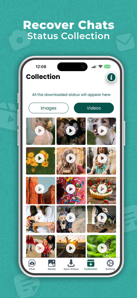 WAMR Recover Deleted Messages - Tela de coleção de status do aplicativo WAMR mostrando uma grade de vídeos e fotos salvos.