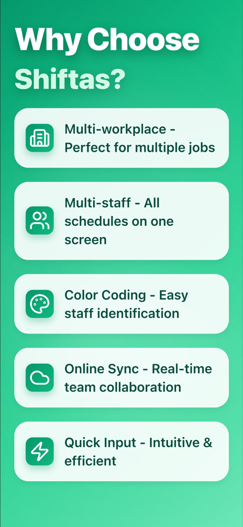 Shift management app! - Infográfico exibindo os principais recursos do Shiftas, incluindo suporte a vários locais de trabalho, codificação por cores e sincronização em tempo real