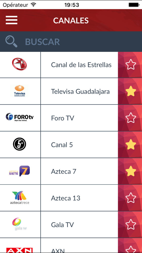 Una lista de canales de TV mexicanos con logotipos y nombres que se muestran en una aplicación de guía móvil
