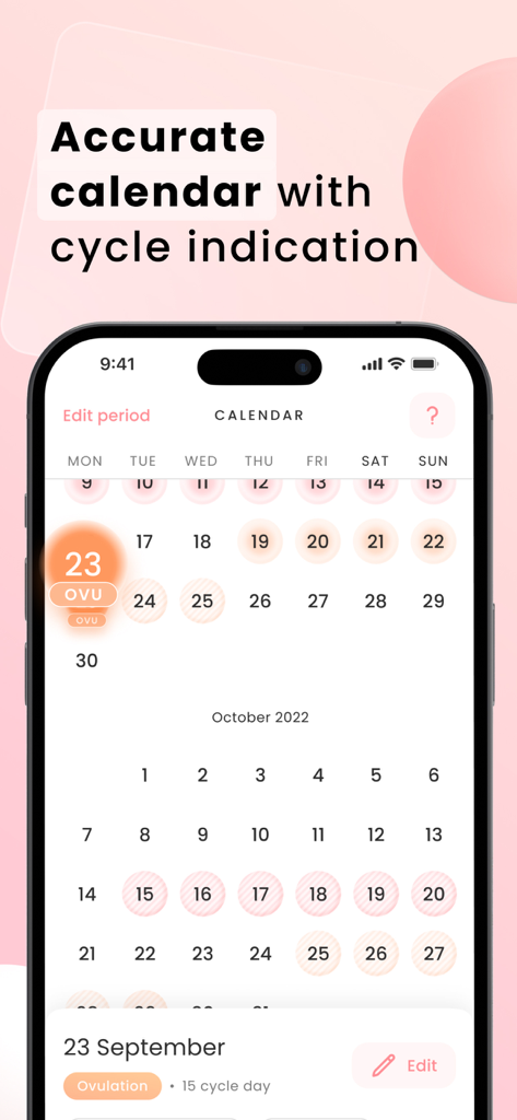 Calendario mensual de la aplicación Mooni para seguimiento de período que muestra marcadores de ovulación y días de ciclo