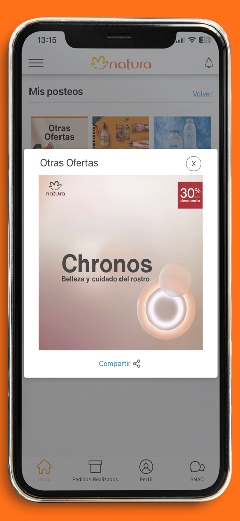 Mi Negocio Natura Bolivia - App Natura Bolivia mostrando un descuento promocional del 30 por ciento en productos de cuidado de la piel Chronos con una opción para compartir.