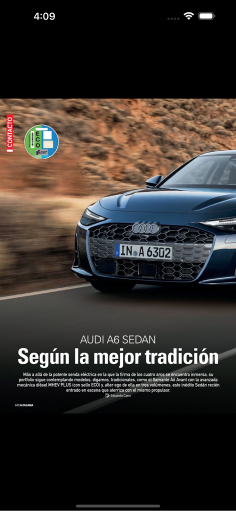 Full screen article about an Audi A6 Sedan in the Altagama magazine app