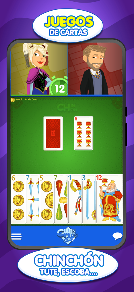 Captura de pantalla de una partida de Chinchón entre dos jugadores con avatares personalizados en la app móvil OPQA 2.0.