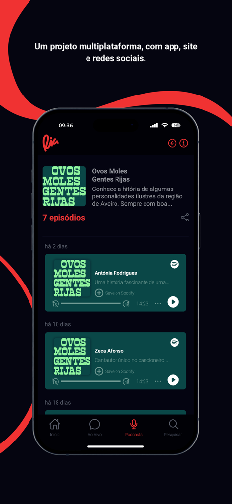 Ria - Ria mobile app podcast screen showing the Ovos Moles Gentes Rijas series with episodes